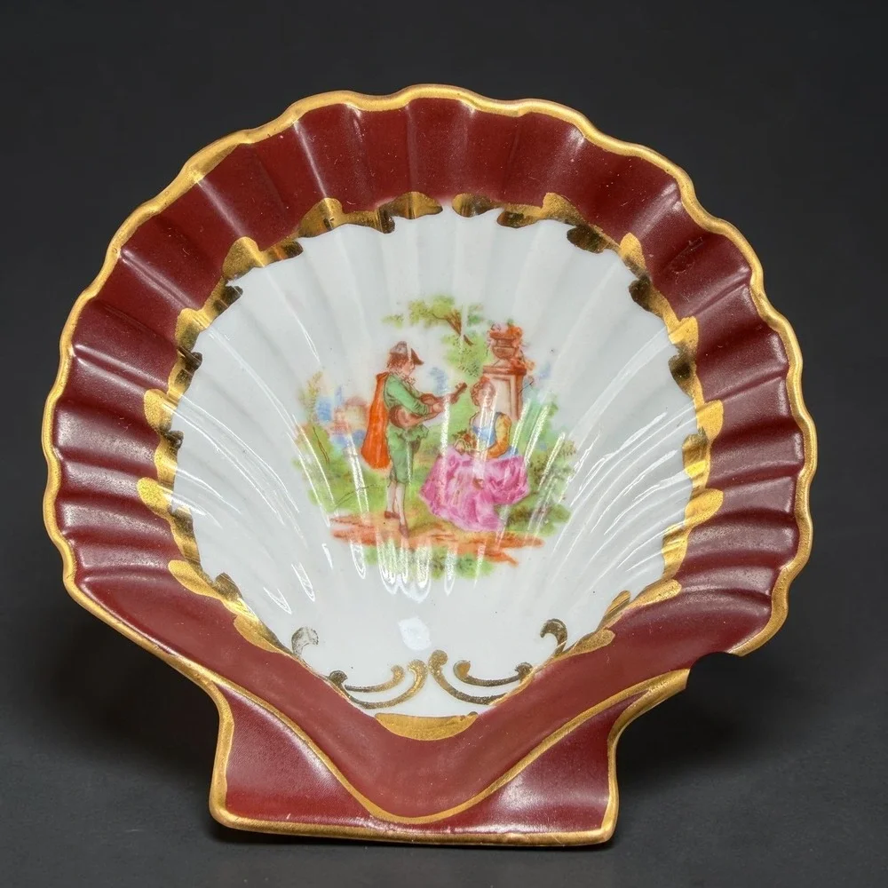 Vintage M Germany Porcelain Shell Trinket Dish Courting Couple Burgundy Gold VTG